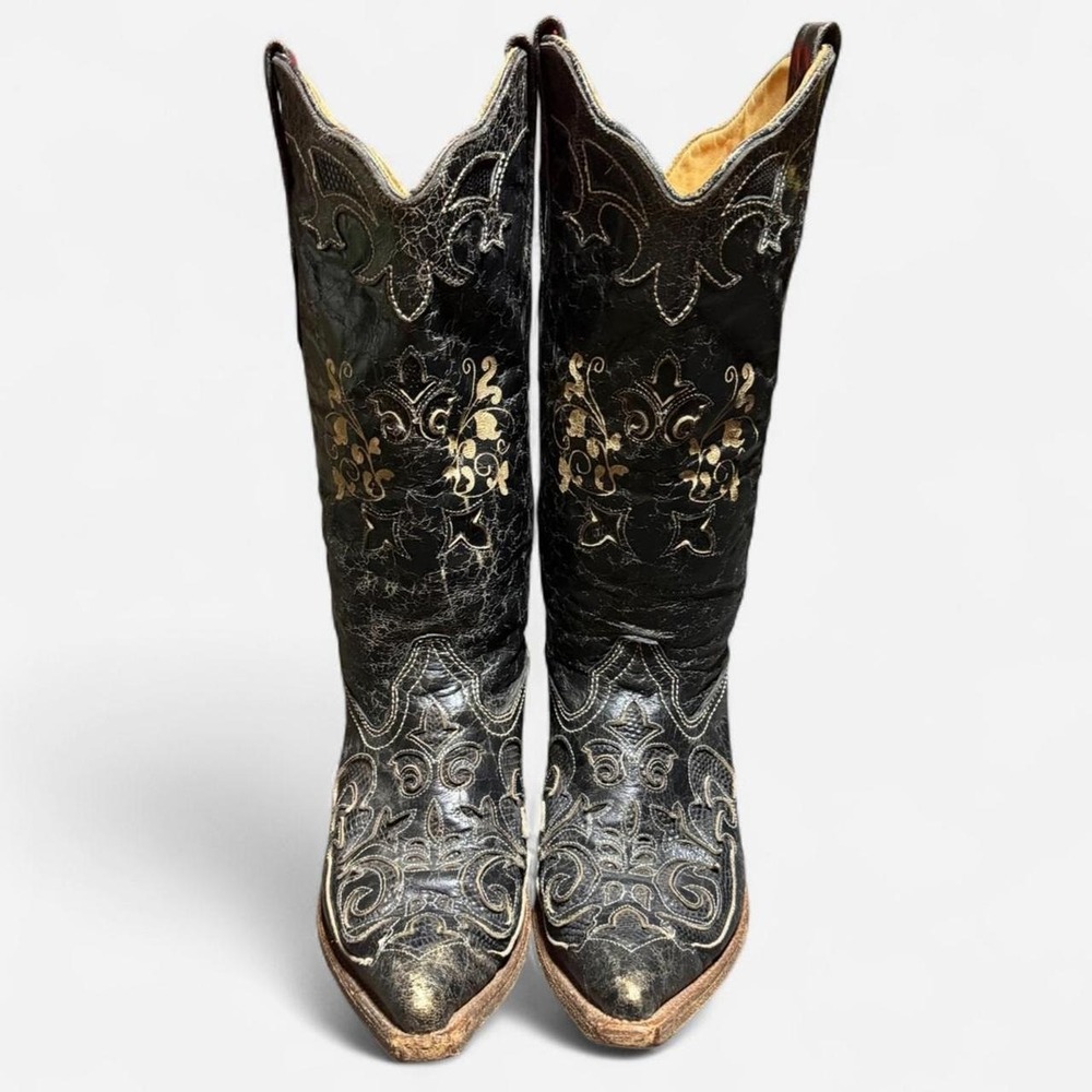 Corral Vintage Black Lizard Inlay Western 7 W Boots Distressed Black Leather